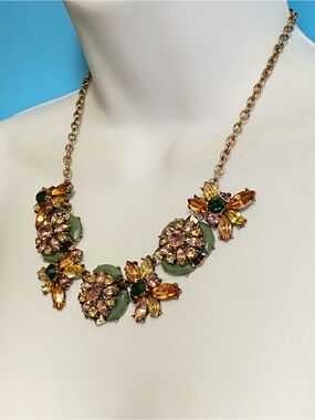 EL Green & Topaz Rhinestones Statement Necklace Sparkly Stunning Gold Tone